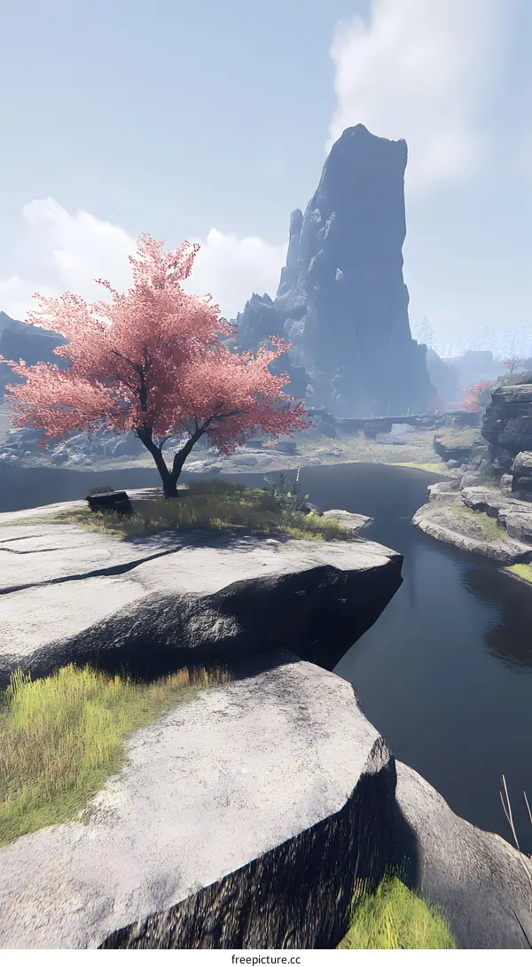 Mountain Landscape With Pink Tree And River