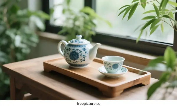 Traditional Chinese Teapot and Cup on Wooden Tray by Window