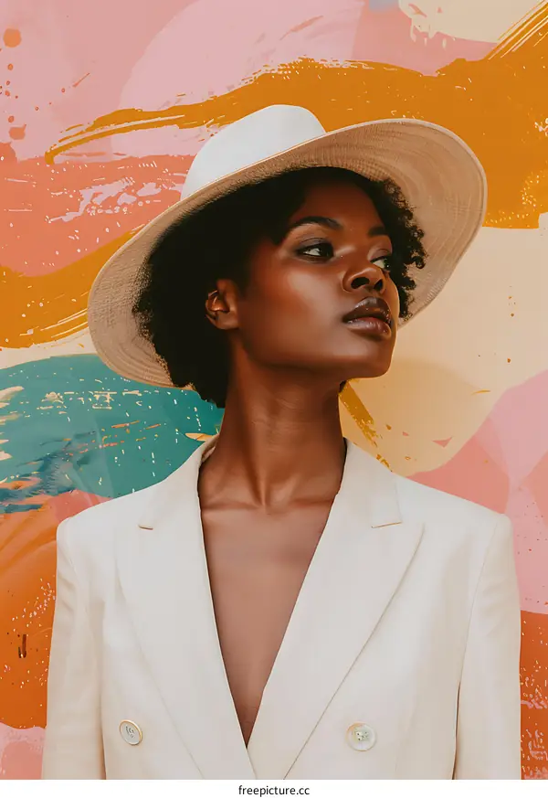 Fashionable Woman in a White Blazer and Hat Against Colorful Abstract Background