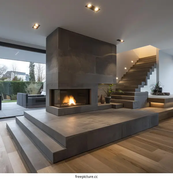 Modern house interior with fireplace and stairs