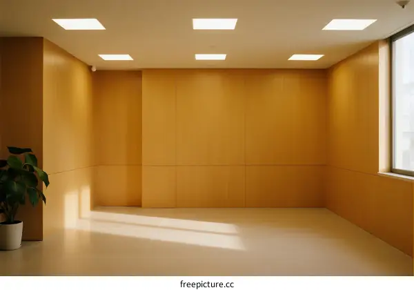 Empty room with wooden walls and ceiling lights