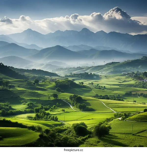 idyllic green rolling hills landscape with mountains in the distance