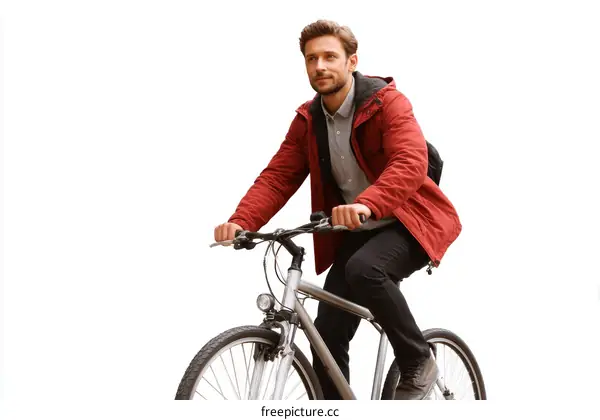 Man in red jacket riding a bicycle on white background