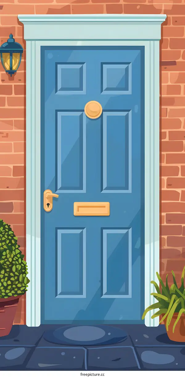 Blue Door with Brick Wall and Plants