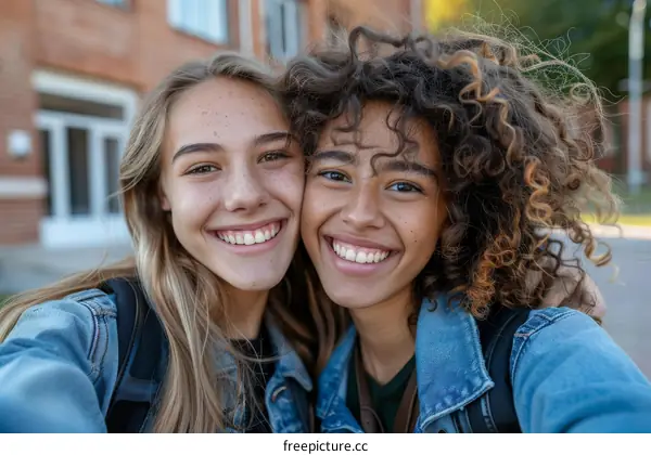 Two young multiracial female friends taking selfie together outdoors