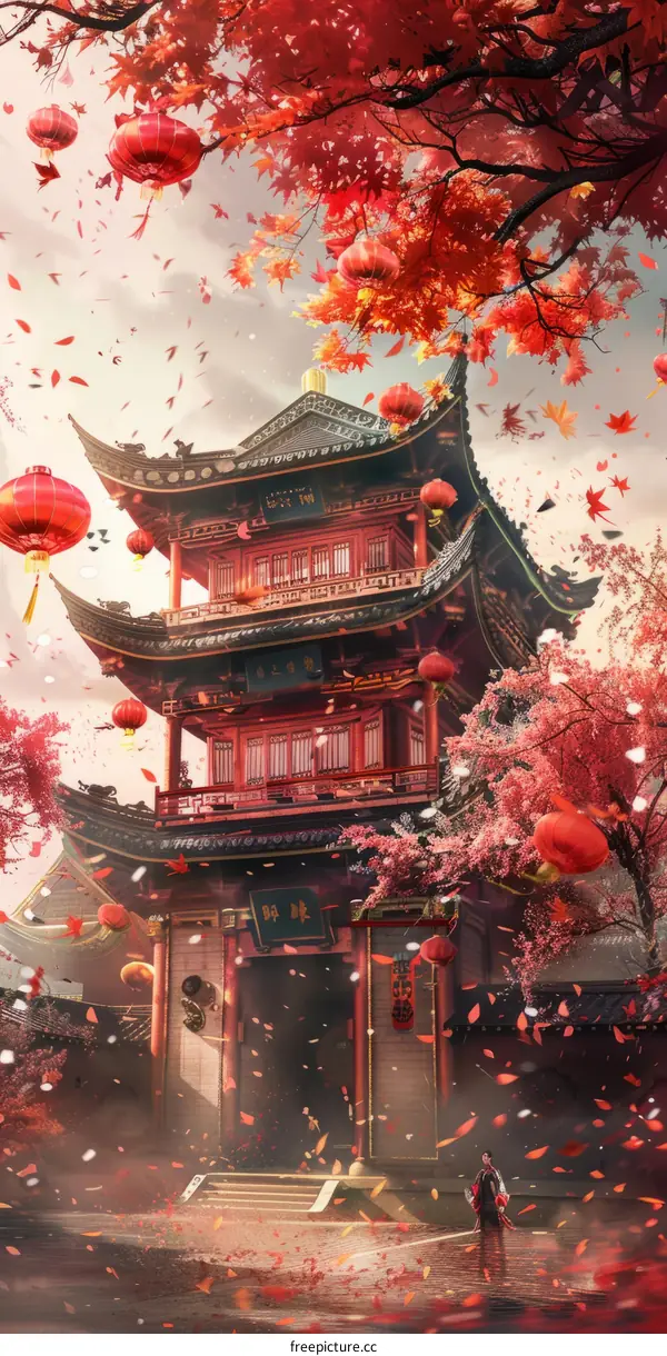 red chinese ancient architecture oriental building illustration