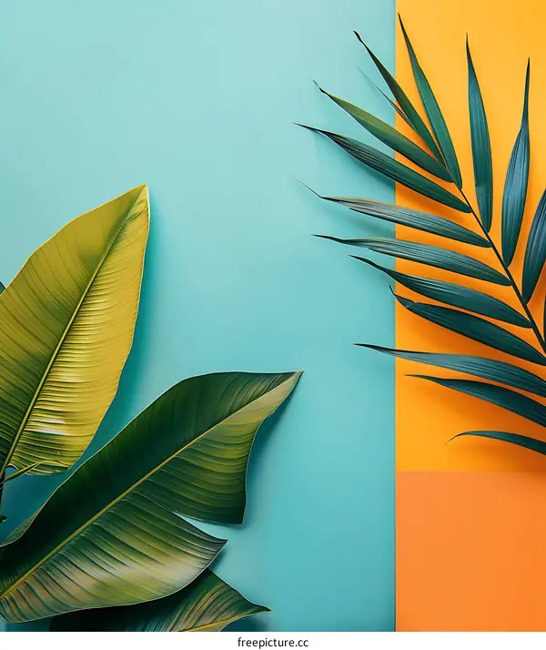 Tropical Leaves On A Blue and Orange Background
