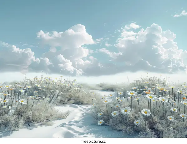 A Field of White Daisies Under a Cloudy Sky