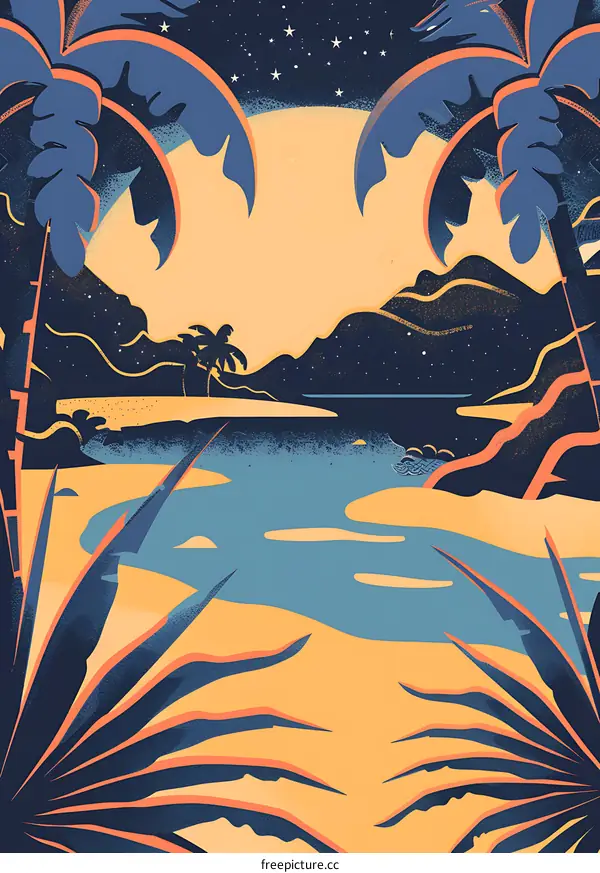 Tropical Night Scene with Palm Trees and Mountains