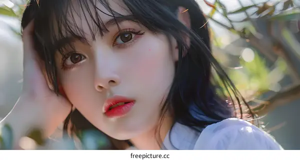 Beautiful Asian Woman with Long Black Hair Looking at Camera