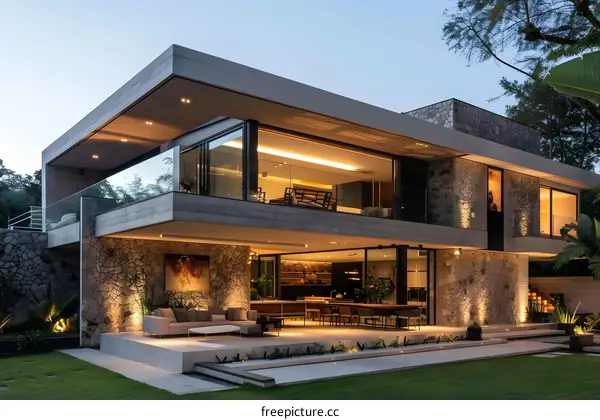 Modern House Design with Stone Facade and Glass Windows