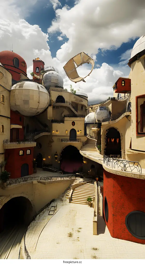 Surreal Cityscape with Flying Ship and Spherical Structures