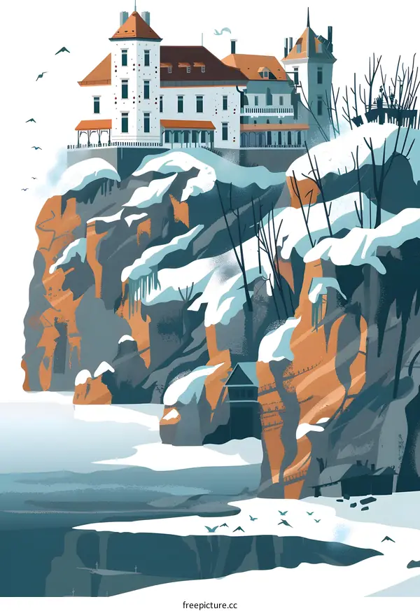 Winter Castle on Cliff with Snow