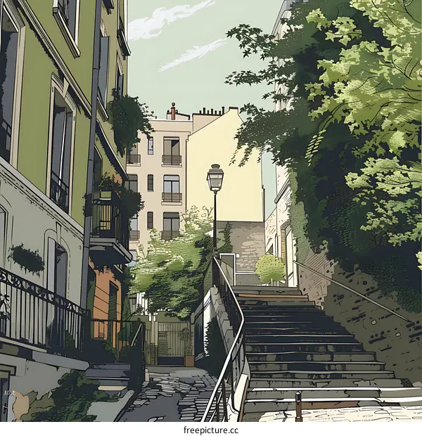 Cobblestone Street with Stairway and Buildings in Paris France