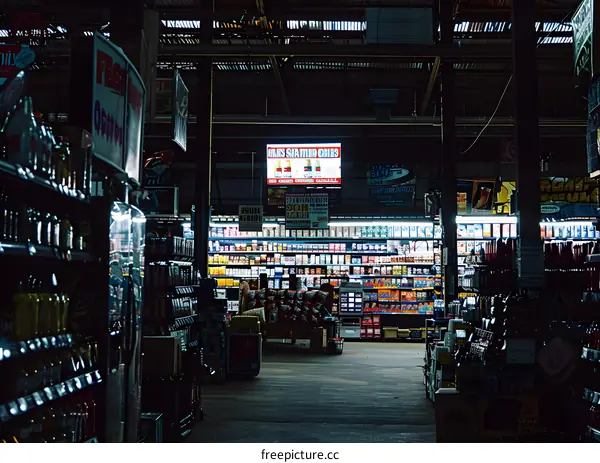 Grocery Store Interior With Shelves Of Products And A Single Customer