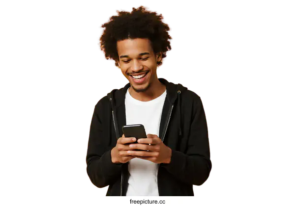 [Transparent Background PNG]Young man smiling while using a mobile phone