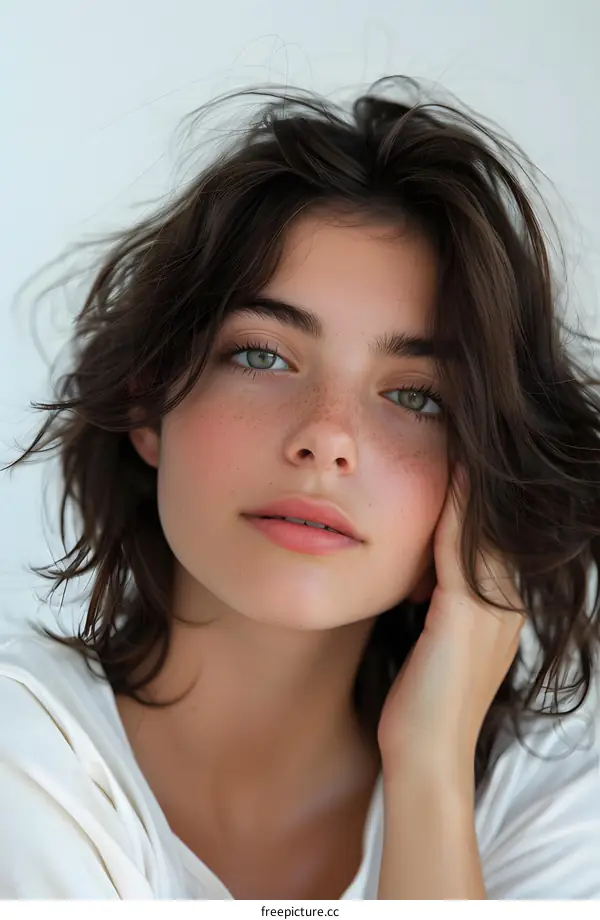 Portrait of a Young Woman with Freckles and Messy Hair