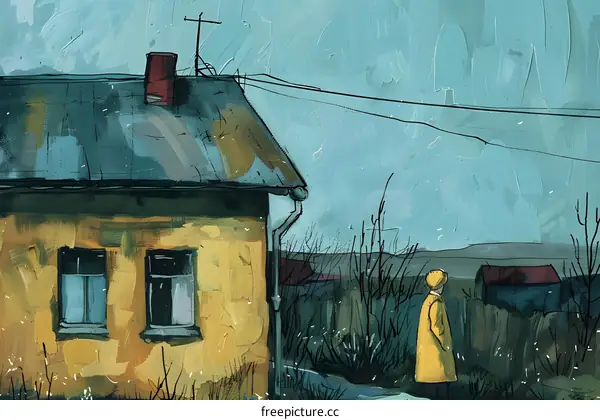 Yellow House with a Person in the Yard
