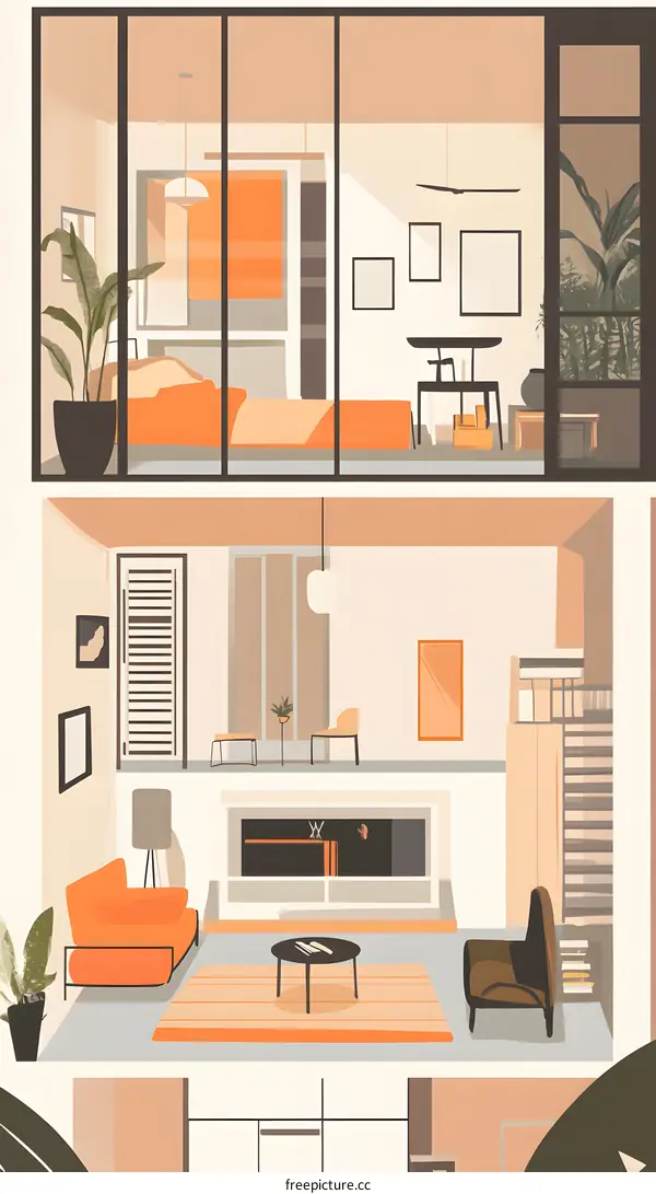 Modern Apartment Illustration with Orange Couch and Floor Lamp