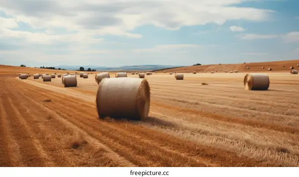 Field of hay bales under blue sky with clouds