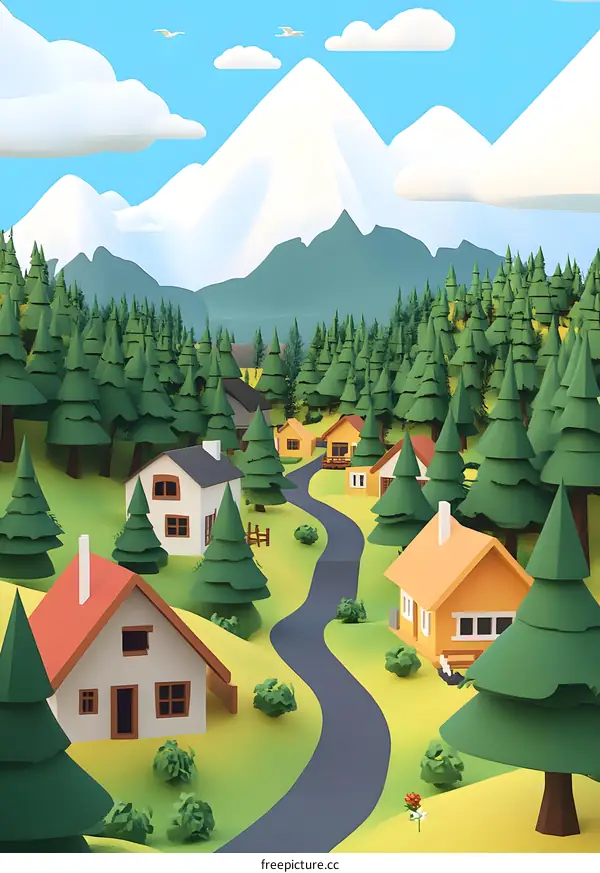 Low Poly Illustration of a Village in the Mountains