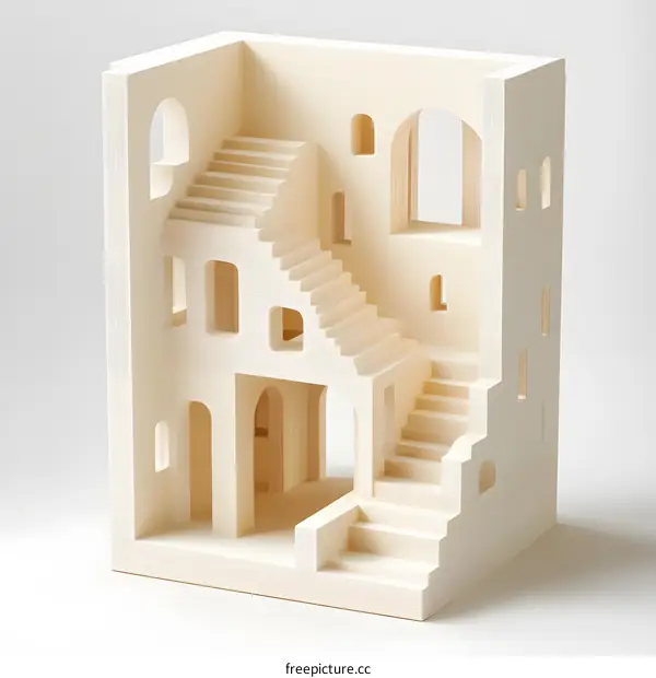Paper Model of a Building with Stairs and Windows