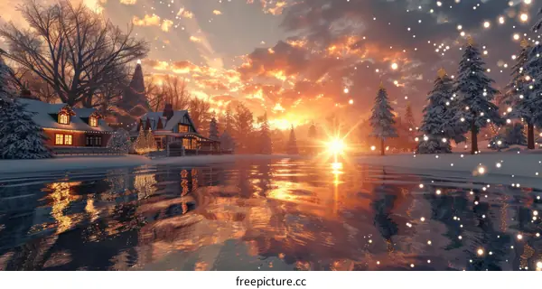 A Picturesque Winter Landscape with a Tranquil Frozen Lake and Snow-Covered Trees