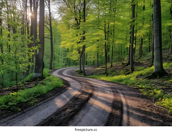 Country road through a lush green forest
