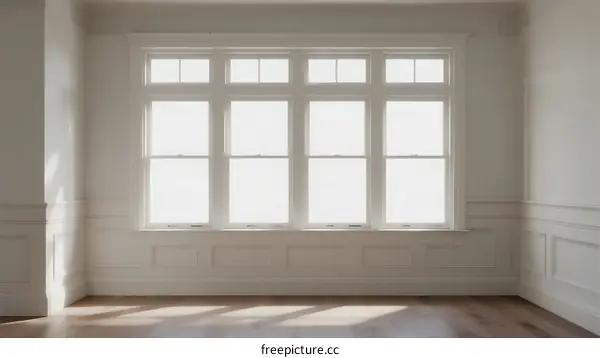 Bright and empty room with large windows and white walls