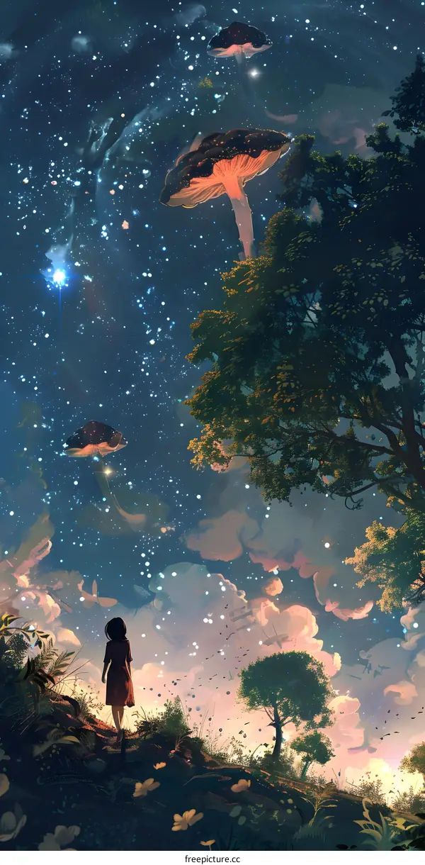 Fantasy Landscape With a Girl Walking Towards Giant Mushrooms and Stars in the Sky