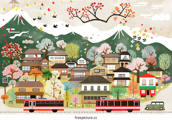 Beautiful Spring Illustration Of A Japanese Village