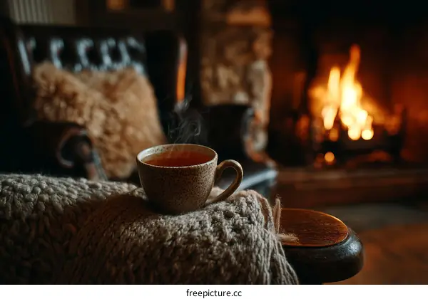 Cozy Winter Evening by the Fireplace with Tea