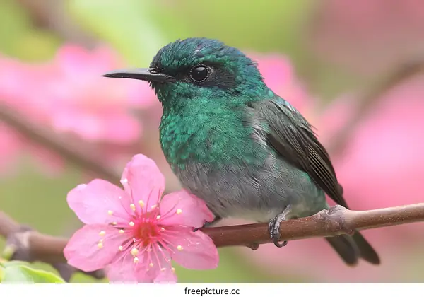 Green Bird Perched on a Branch with Pink Flowers