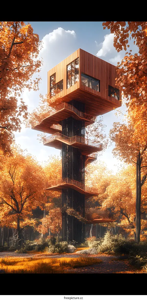 Modern Treehouse with Multiple Levels in Autumn Forest