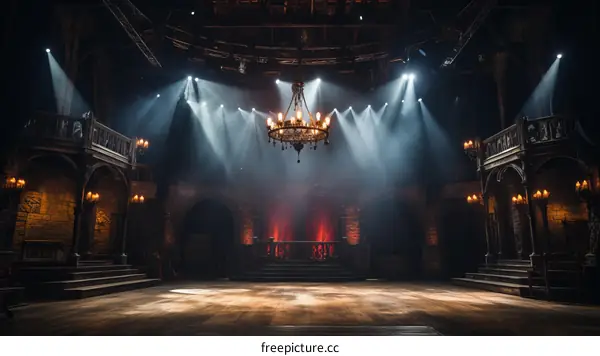 An empty theater stage with a chandelier