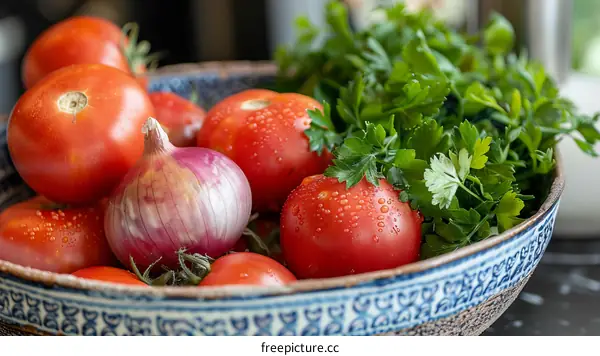 Red tomatoes and parsley in a ceramic bowl