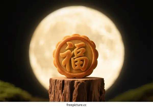 Mid - autumn mooncake with 'blessing' character under full moon