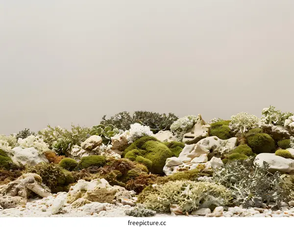 Green Moss and Rocks on White Background