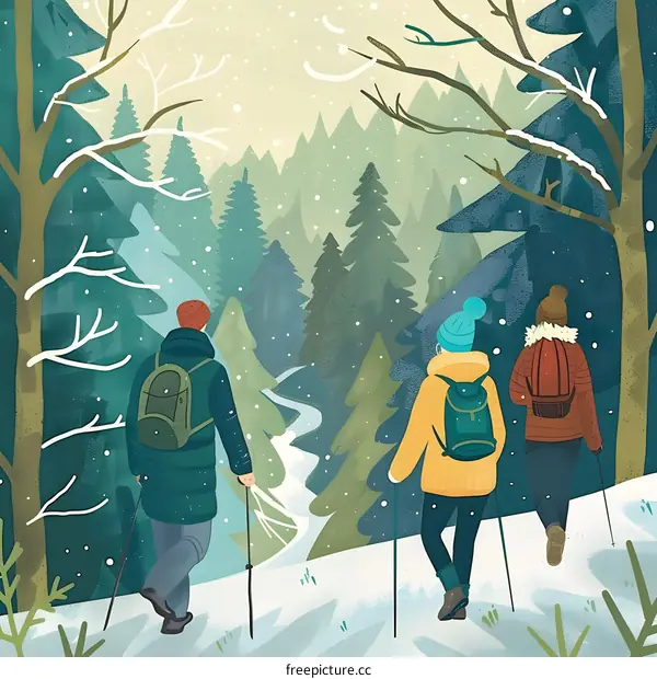 Winter Hiking in Snowy Forest