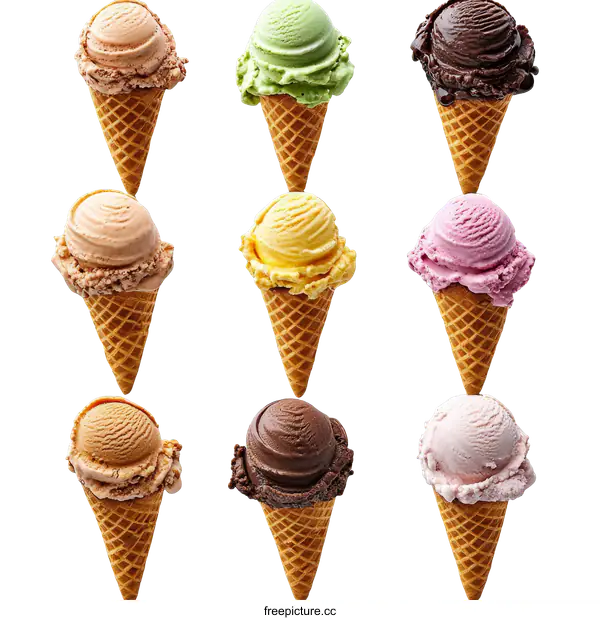 [Transparent Background PNG]Delicious Variety of Ice Cream in Waffle Cones