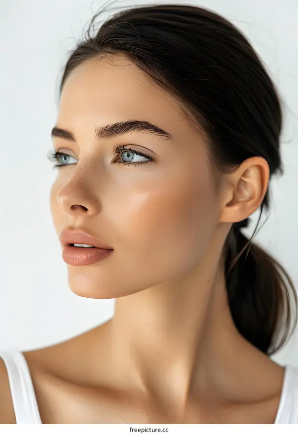 Closeup Portrait of a Young Woman With Blue Eyes Looking Away