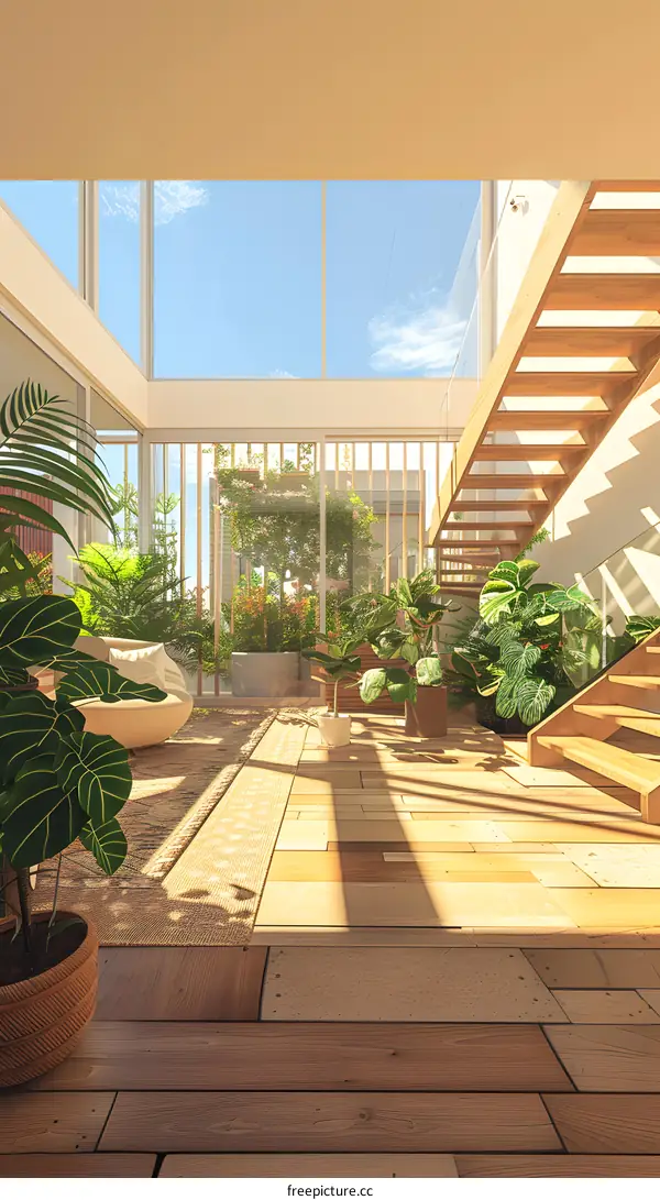 Modern Home Interior Design with Wooden Stairs and Plants