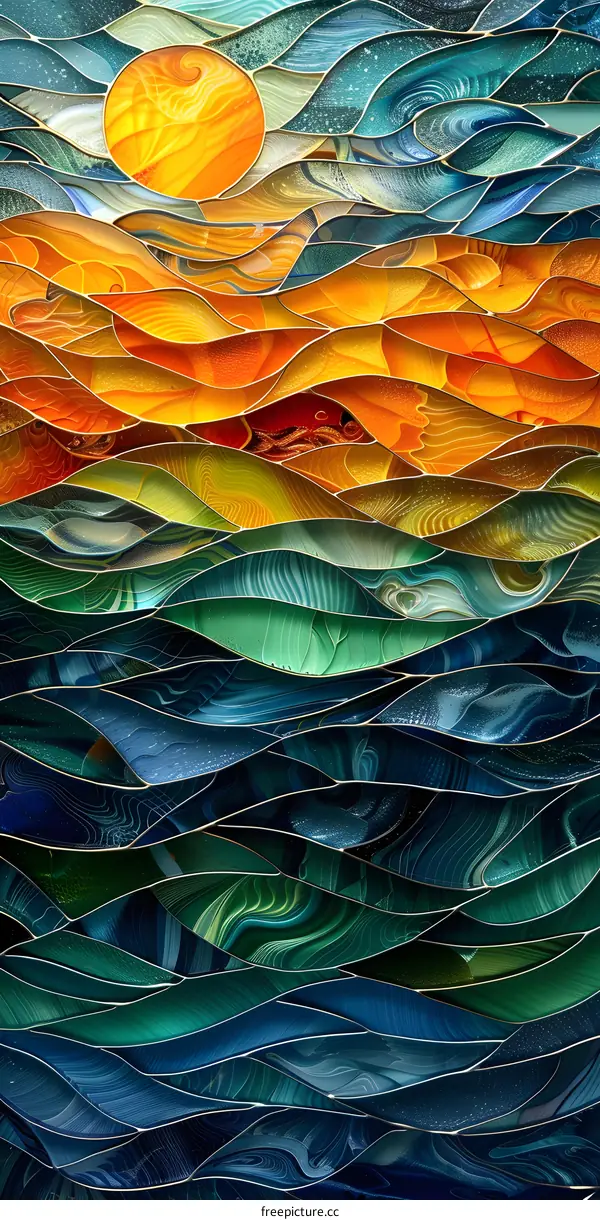 Stained glass mosaic artwork of an ocean sunset in greens and blues.