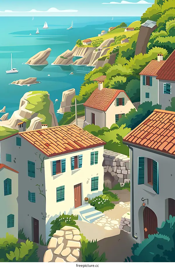 Coastal Village Illustration with Houses and Sailboats