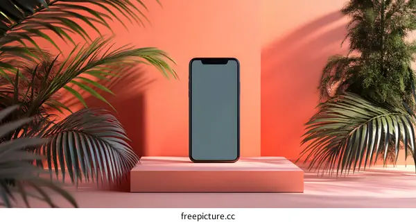 Mockup of Smartphone with Palm Leaves and Orange Background