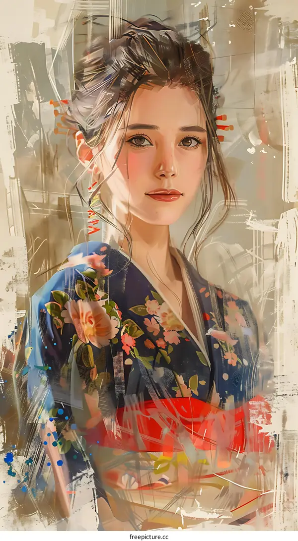 An illustration of a beautiful woman in a kimono with a floral pattern
