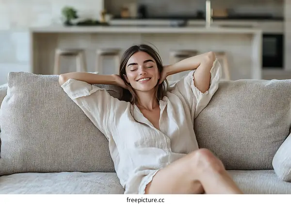 Relaxed Woman on Beige Sofa in Modern Home