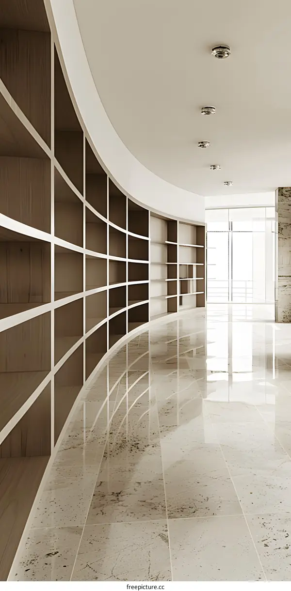 Modern Interior Design With Curved Bookshelves And Marble Floor