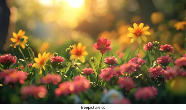 Colorful Wildflowers in Bloom in a Field with a Green and Blue Bokeh Background