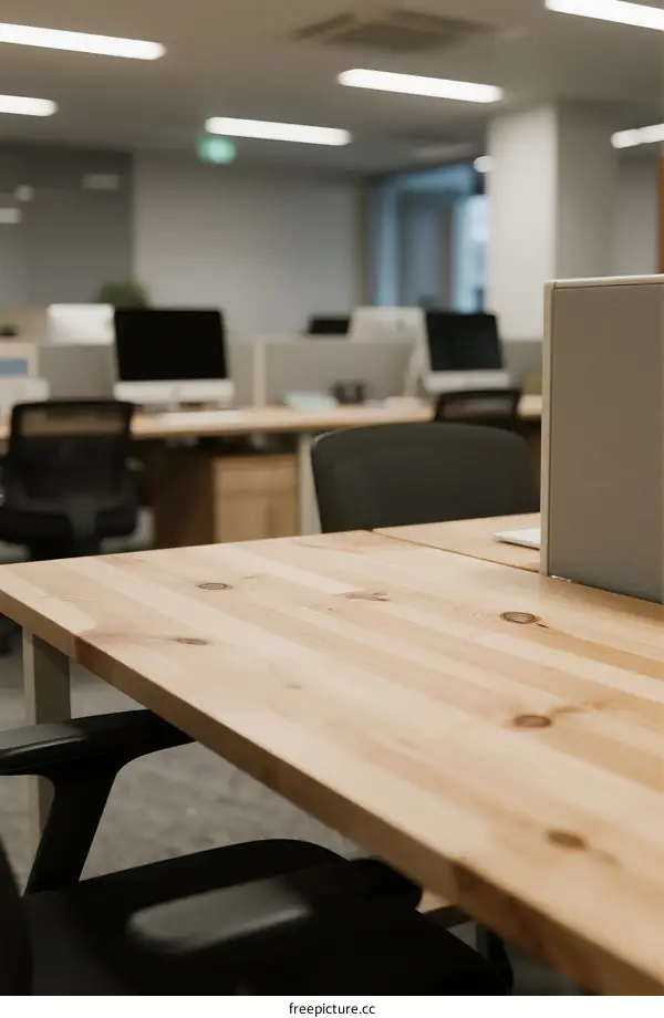 Modern office space with wooden desks and computer monitors